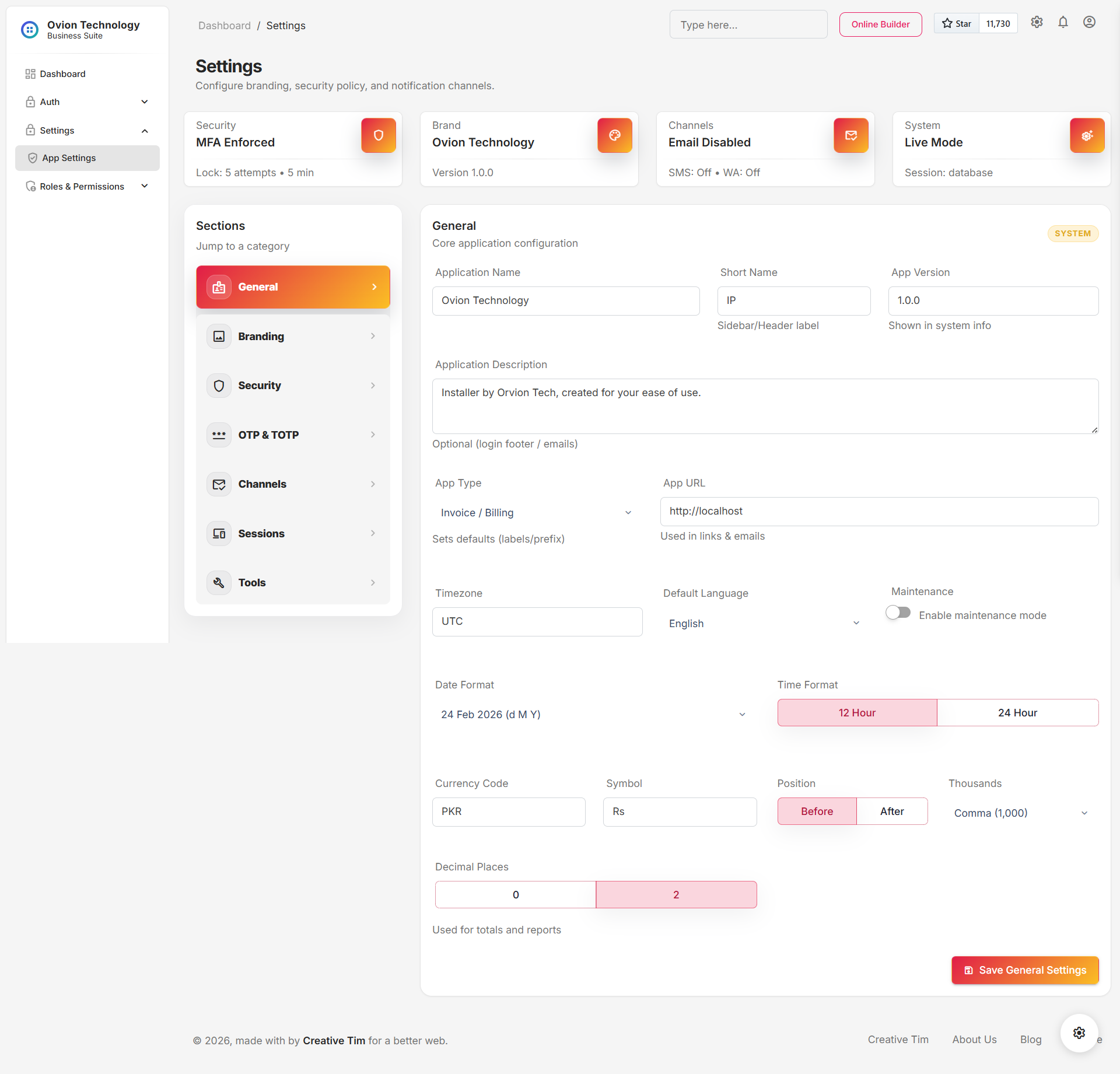 SupportHub general settings screen
