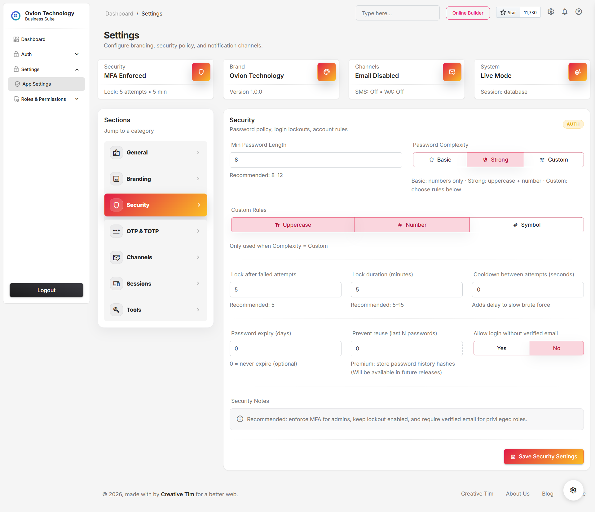 SupportHub security settings