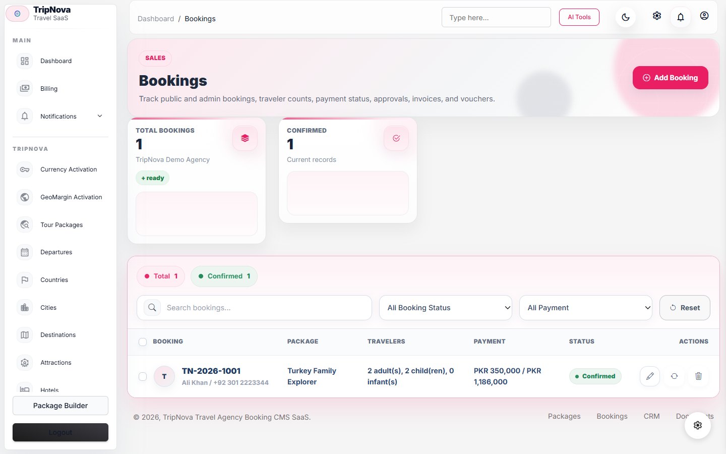 TripNova bookings workspace