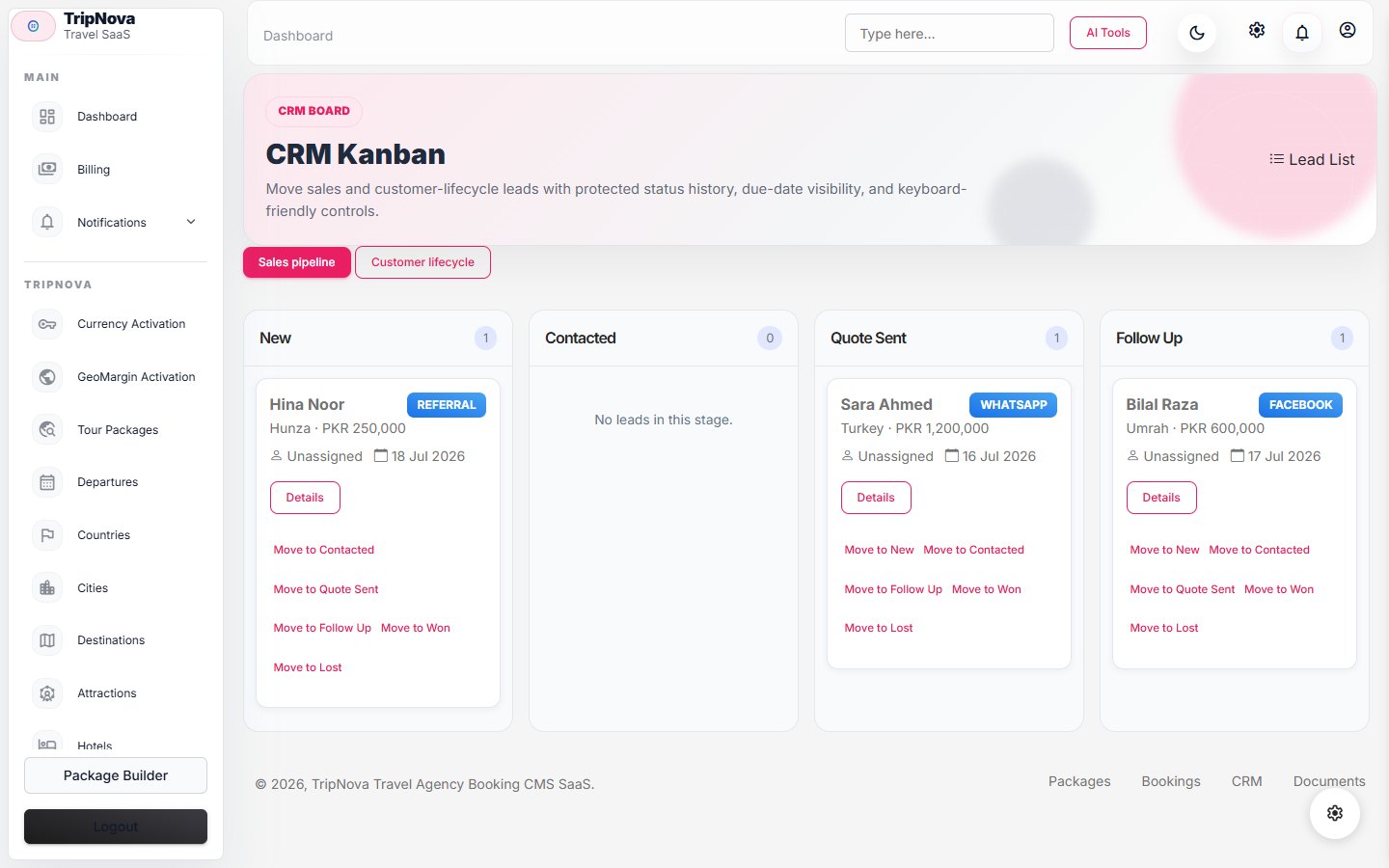 TripNova CRM kanban board
