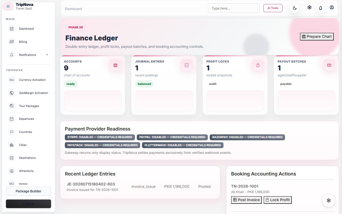 TripNova finance workspace